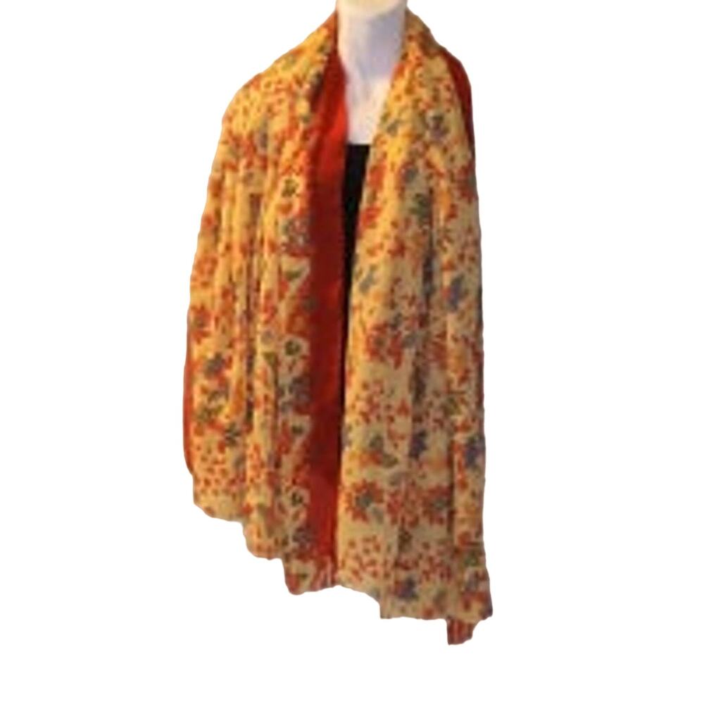 Signature Imports, Yellow and red flower print scarf  Fringe Semi sheer